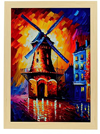 Nacnic Moulin Rouge Affiche de style peinture à l'huile. Illustrations de monuments et de villes en style photographique couleur. Design d'intérieur et décoration. A3 avec cadres en bois clair.