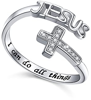 DAOCHONG Kreuzring aus 925er Sterlingsilber mit Gravur I Can Do All Things Jesus Kreuz verstellbarer Ring Religiöses Geschenk für Frauen Mädchen Christen,54.4
