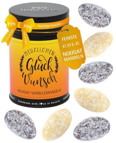 Hallingers Genuss Manufaktur Nougat-Mandeln Glückwunsch-Geschenk - von Hand in der Manufaktur schokoliert ohne Alkohol in der Geschenkdose Herzlichen Glüc..., Geschenkidee für Frauen Männer