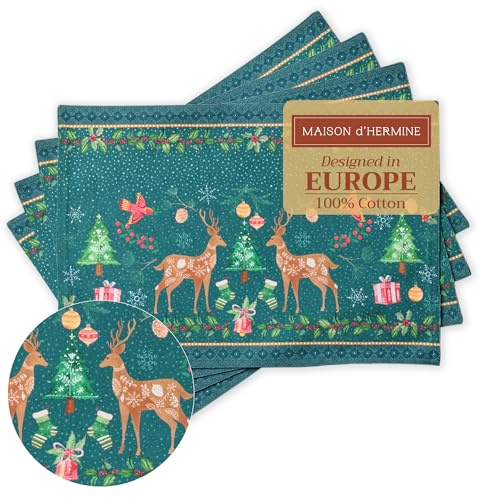 Maison d' Hermine Placemats Set of 4 Reusable 100% Cotton (33 CM x 48 CM) | Cloth Place Mats Washable Table Mats for Kitchen Dining Party Wedding Hotel Home Thanksgiving Christmas - Hygge Christmas
