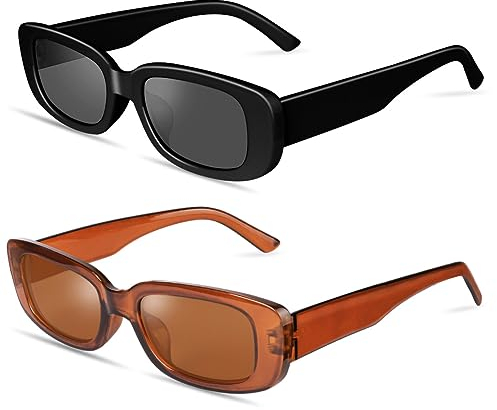 Ainiv 2 Stück Vintage Rechteckige Sonnenbrille, 90er Retro Sonnenbrillen, Modische Retro-Brille mit quadratischem Rahmen, UV400 Sonnenschutz und UV-Schutz, Trendy Brille für Damen Herren