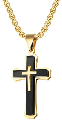 MERTTURM Kreuz Kette Herren, Schwerer Doppel Kreuz Anhänger, Halskette Edelstahl Mit Geschenkbox, Herrenschmuck Ideal für Rapper Biker Punkrock Teenager Herren Jungs(Schwarzgold/Silber)
