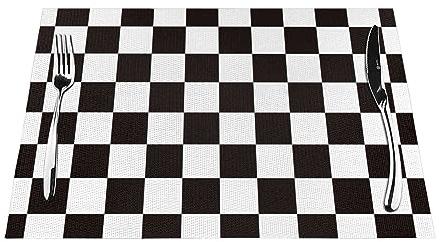 Tischsets 1–6 Sets, schwarz-weiß kariert, waschbare Tischsets für Küche Esstisch, 30 x 45 cm (4 Stück)