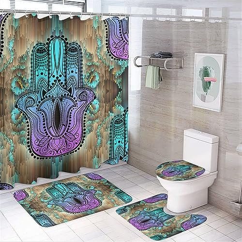 COALHO Bunte abstrakte Mandalas 4-teiliges wasserdichtes Duschvorhang-Set, indisches Hippie-Retro-Blumenmuster, mit wasserdichtem Toilettenbezug, Duschmatte, Teppiche, 183 x 183 cm