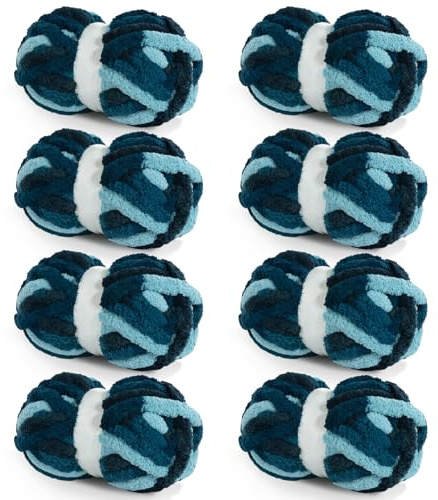 HOMBYS 8 Pack Giant Chunky Yarn for Crocheting/Hand Knitting, Super Bulky Large Soft Fluffy Tie Dye Plush Fuzzy Mixed Color Thick Chenille Yarn (Dark Blue, Blue)