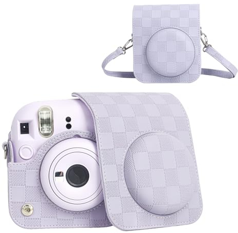 HIYQIN - Funda para Cámara Compatible con Cámara Instantánea Fujifilm Instax Mini 12, Estilo Tablero de Ajedrez, Bolsa de Transporte para Polaroid Instax Mini 12 con Correa - Lila Púrpura