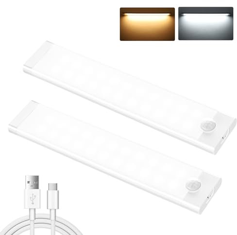shirylzee Unterbauleuchte Küche LED, 2 Stück 44 LEDs Schrankbeleuchtung 2000mAh Akku USB-C Wiederaufladbares bewegungsmelder licht mit Magnetische Lichtleiste for Kleiderschrank, Küche, Treppe