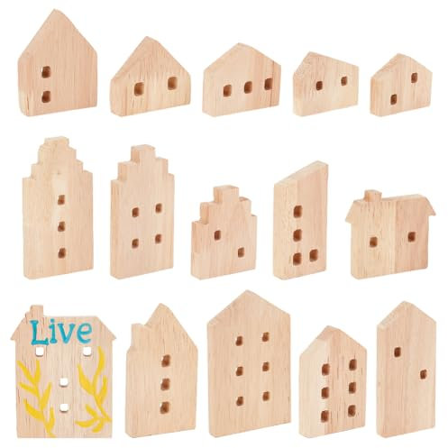 OLYCRAFT 15 Pcs Unfinished Wooden House Shaped Blocks - 15 Styles for Home Decor