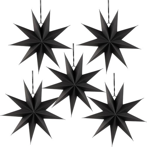 SUNBEAUTY Christmas Paper Stars 9 Pointed 12 Inch Black Hanging Paper Stars Lanterns Christmas Hanging Stars Paper Decorations Wedding Birthday Christmas New Year Home Party Decorations