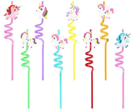 8 Pièces Cartoon Pailles Spirales,Pailles en Plastique pour Les Enfants, Divers de Anime Forme et Colorée Réutilisable Bouclés Pailles pour Les Fêtes d'anniversaire des Décorations,Fête Accessoires
