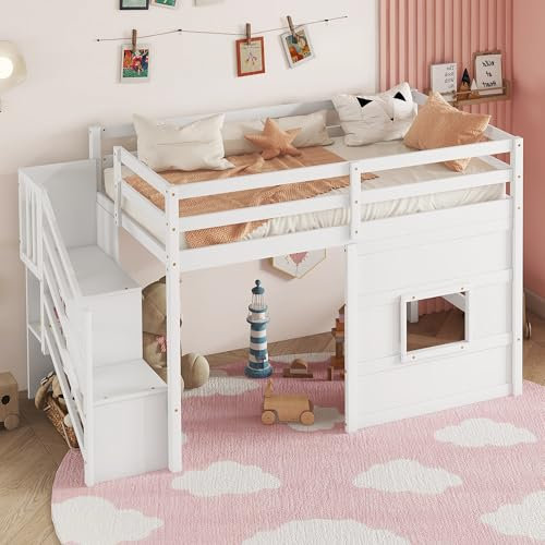 Bellemave Letto a soppalco basso con scale, letto a soppalco per bambini con contenitore, struttura letto a soppalco in legno massello per bambini, salvaspazio, per ragazzi e ragazze, bianco