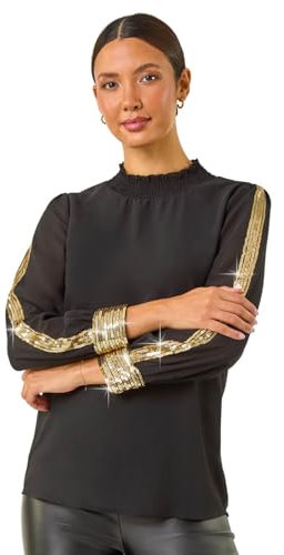 Roman Originals High Neck Chiffon Sequin Stretch Top for Women UK - Ladies Everyday Autumn Winter High Neckline Comfy Soft Evening Vacation Work Party Night Out - Black Gold - Size 20