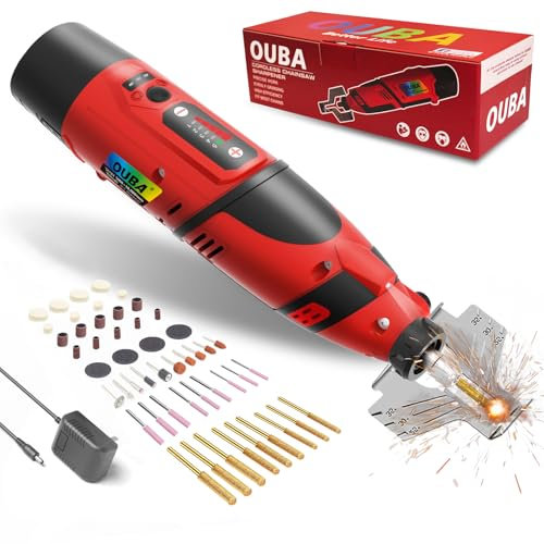 OUBA Electric Cordless Chainsaw Sharpener with 12v Battery,Chainsaw Sharpener Tool with 54 PCS Sharpener Accessories, High Speed Chainsaw Chain Sharpener Kit with Titanium Plated Diamond Bits