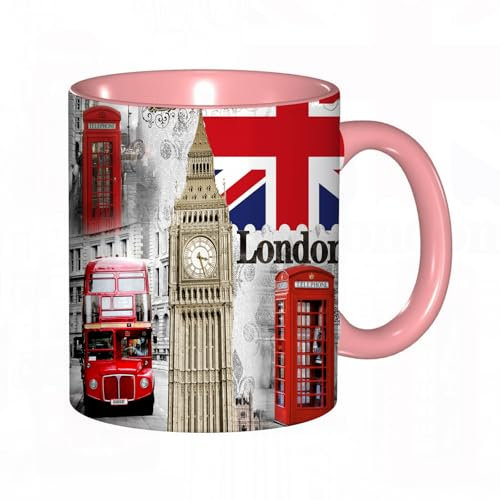 EKLMPS Becher aus Keramik, Ideal als Geschenk, Hochwertiger Aufdruck, Tasse mit Motiv, Tee Becher, Coffee Cup, 330ml,London England Stadt Wahrzeichen Retro Union Telefon Bus Big Ben Flagge,