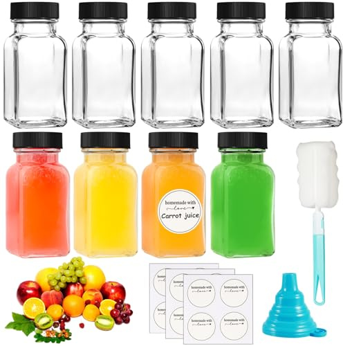Nadisean 9 Stück 70ml Glas Ingwer Shot Flaschen mit Breitem Mund, Quadratisch Shot Flaschen zum Befüllen mit Deckel, Kleine Flasche zum Befüllen mit Etiketten Trichter für Saft, Lngwer