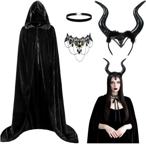 Cadimus Kostüm Teufel Damen,Halloween Kostüm Damen mit Königin Hörner Kopfbedeckung Gothic Spitze Halskette,Karneval Umhang Schwarz für Karneval Partys Cosplay Kostümpartys