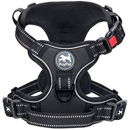 PoyPet No Pull Dog Harness with Neck Release Buckle, Reflective No-Choke Harness with 2 Leash Clip, Adjustable Soft Padded Pet Vest with Easy Control Handle for Small Dogs (Black,XS)