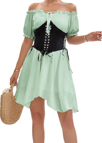 FDKLOOK Womens Green Fairy Cottage Core Dress with Corset Off Shoulder Puff Sleeve Lace-up Bustier Two Piece Set L
