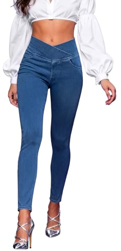 AIMILIA Crossover-Jeggings für Damen, Bauchkontrolle, hohe Taille, zum Überziehen, dehnbare Jeans, Denim-Leggings mit Taschen, zum Abnehmen