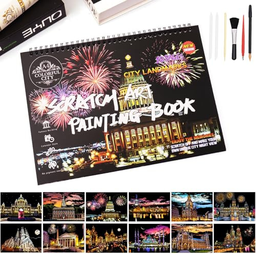 Kratzkunstbuch für Erwachsene – 12 Stück Kratzmalerei Folienkunst für Erwachsene Scratch City Serie Bücher Foliengravur Kratzkunst Erwachsenen-Set mit 6 Werkzeugen