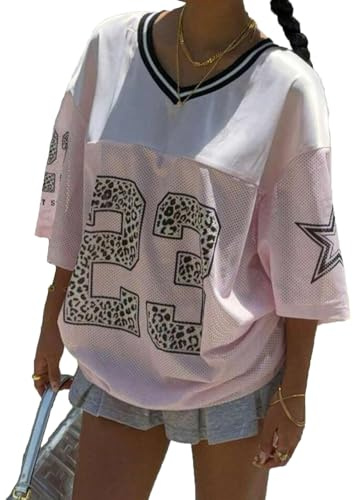 Women's Graphic Football Jersey Shirts Tops Y2k Number Oversized Tees Half Sleeve Sport V Neck Tshirt Streetwear (E-Pink, M)