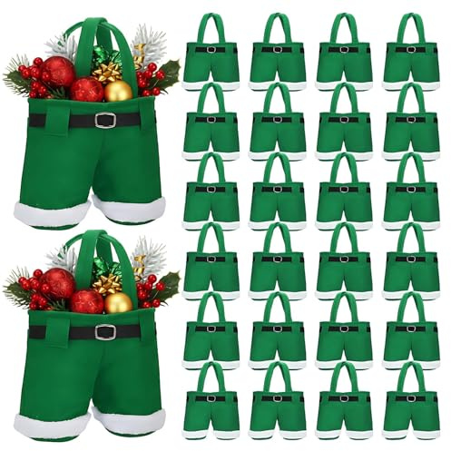 Aliceset Weihnachtssüßigkeitentüten mit Griff, Weihnachtsmannhosen, Geschenktüte, Weinhalter, kleine Größe, tragbare Geschenkpapier für Weihnachtsgeschenke, Grün, 24 Stück