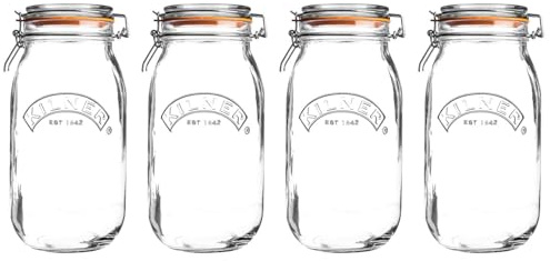 UNIQUE HOME LIVING Kilner Clip Top Jar Set, 2 Litre (2000ml) Airtight Glass Storage Jars for Preserving Fruits Vegetables Coffee Tea Rice Flour Nuts Pasta Kitchen Storage Canister Jars - 4PCS