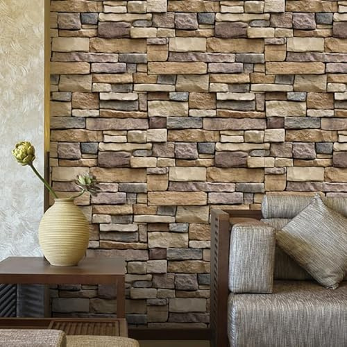 TOVINANNA Self Adhesive Brick Wallpaper Rock Pattern Wall Decals 3D Stone Effect Wallpaper for Living Room Bedroom Kitchen Office Removable Wall Sticker 39.37 X 17.72 in