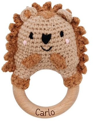 wunderwunsch Greifling, Babyrassel, Beißring Baby personalisiert | Muckelmeister Holz Rassel, Geschenk Geburt, Kuscheltier, Spielzeug für Mädchen, Junge, Taufgeschenk mit Namen