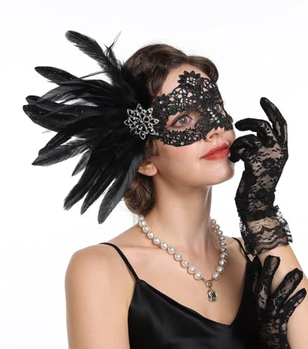 Xanthelle Spitze Maske Damen & Handschuhe Set, Venezianische Masquerade Mask Schwarz Für Karneval, Maskenball Und Gesicht Verkleidung