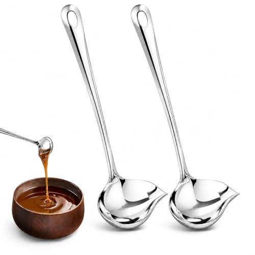 2PCS Cuillères à Sauce en Acier Inoxydable, 21 cm,louche bec verseur avec Manche Long, Louche Cuisine pour Sauces Soupe Vinaigrette et Huiles, Cuillère de Service Précise Polyvalente pour Cuisine