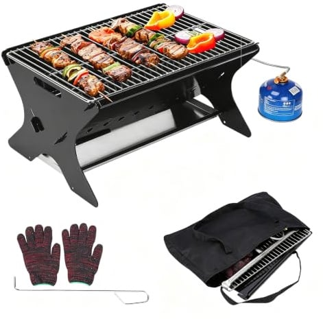 GFTIME Tragbarer gasgrill mit Stecksystem, Klein gasgrill, Gas & Holzkohlebetrieb – Inkl. Tragetasche, camping gasgrill für Camping, Garten, Balkon