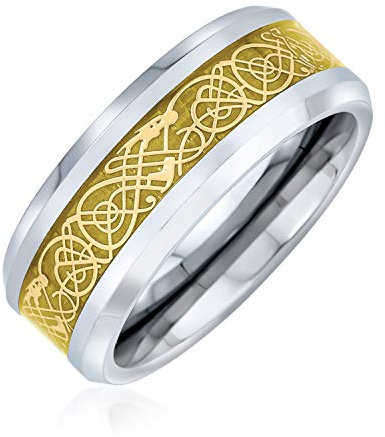Bling Jewelry Golden Silber Zweifarbiger Keltischer Knoten Drachen Inlay Paare Titan Ehering Ringe für Männer Für Frauen Komfort Fit 8MM