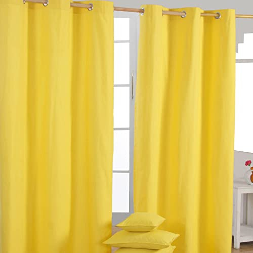 HOMESCAPES Yellow Eyelet Curtain Pair 137cm (54) Wide x 182cm (72) Drop Plain Heavy Unlined Curtains