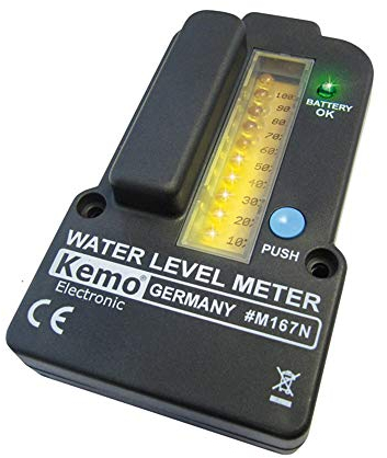 Kemo M167N Füllstandsanzeige für Wassertanks batteriebetrieben. Fernmessung bis 100 Meter. Für Regenwasser, Klärkammern, Gülletanks. Mit LED Anzeigen