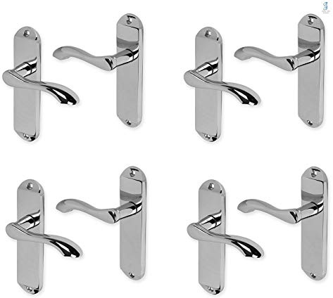 Golden Grace Cadenza Lever Latch Door Handles, Polished Chrome 4 Pairs | Supplied as 4 pairs with spindles and screws, fitting doors up to 44mm thick. Metal backplates measure 175mm x 38mm.