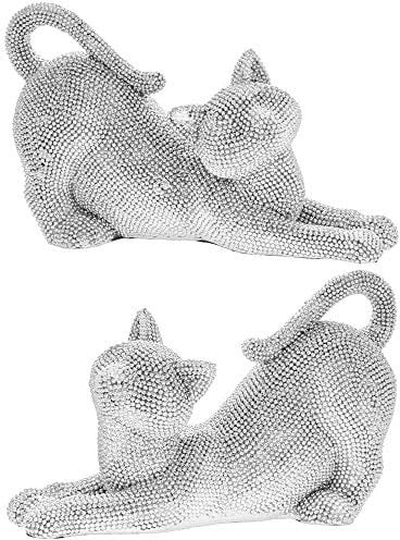 The Leonardo Collection Silver Art Cats - Set of 2 Cat Ornaments Figurine Sparkly Glitzy Decorative - 19x8x12cm, LP44605