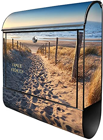 banjado® Design Briefkasten personalisiert Nordseestrand 38,5x46,5x13cm & 2 Schlüssel - Briefkasten Stahl schwarz Zeitungsfach pulverbeschichtet - Postkasten A4 Einwurf inkl. Montagematerial