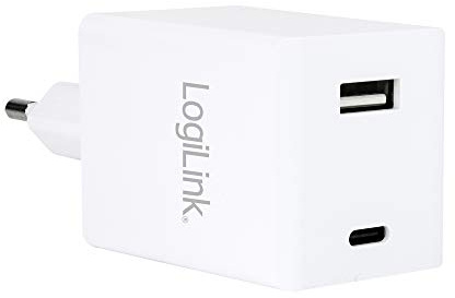 LogiLink PA0230 - USB Steckdosenadapter, 1x USB-C Port & 1x USB-A Port, mit GaN-Technologie (Galliumnitrid), 48W für PD (Power Delivery) + FastCharge