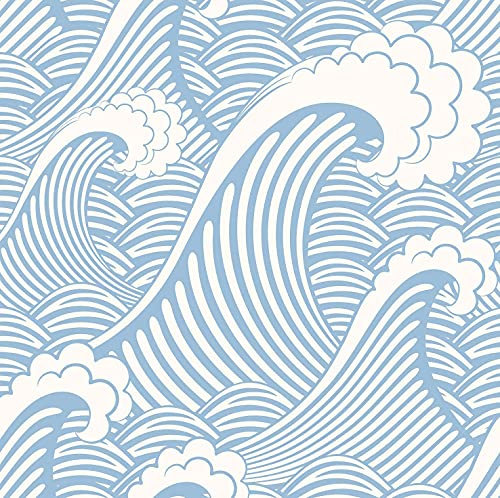 Blooming Wall CPS030 Peel&Stick Handpainting Seamless Blue White Waves Sea Sprays Self-Adhesive Prepasted Wallpaper Wall Mural (17.7“x118”)