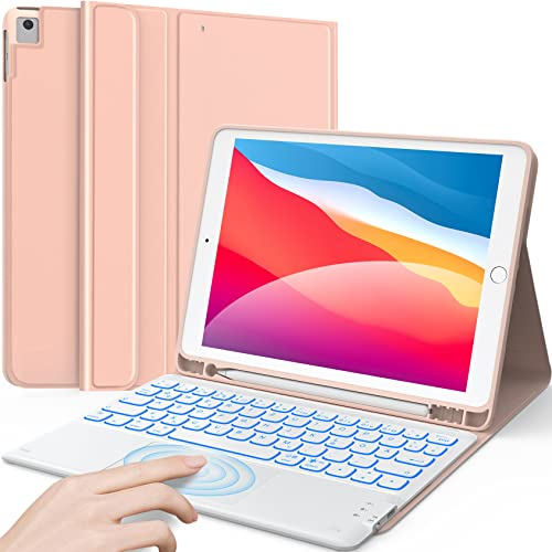 Earto iPad Tastatur für iPad 8. Generation 10,2 mit Touchpad, 7-Farbige Beleuchtung, Kabellose Abnehmbare QWERTZ-Tastatur für iPad 8. Gen 2020/ iPad 7. Gen, iPad Air 3. Gen, iPad Pro 10,5, Roségold