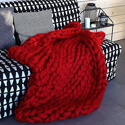 DIRUNEN Decke Gestrickte Handgefertigt Riese Klobig Strickdecke Wolle Garn Decke Stuhl Sofa Super große Arm Stricken Sperrig Zuhause Dekor (Rot,80×100cm)