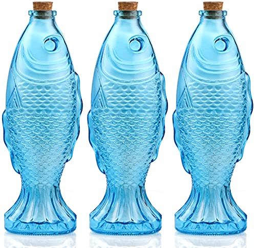 MDLUU 3-Pack Fish Shaped Glass Bottles, Decorative Bottles with Cork Stopper, Fish Decanters for Gift, Bar, Home Decor, Capacity 500ml/17.5oz (Blue)