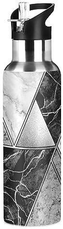 Silver White Lines Marble Granite Agate Black Grey Paint Triangle Tile Stainless Steel Water Bottle, Leak-Proof Vacuum Hot Cold Insulated Travel Mug, Double Walled with Handle Cup Bottle 20 Oz
