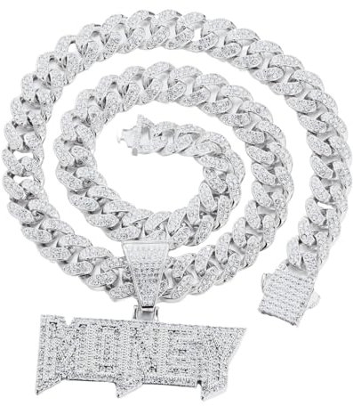 Halukakah Collana con Ciondolo Placcato in Platino per Uomo - Oltre 1000 Diamanti - Catena a Maglie Cubane - Ciondolo a Lettera di Money 3D di Diamanti in Grappolo - Stile Hip Hop - con Scatola Regalo