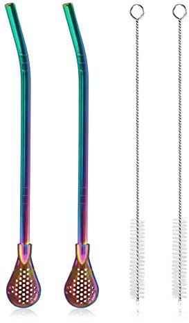 2 cucharas de filtro de paja de acero inoxidable extraíbles con 2 cepillos de limpieza, pajita de bombilla de Yerba Mate, cuchara de pajita de metal reutilizable, agitador de cóctel para beber té