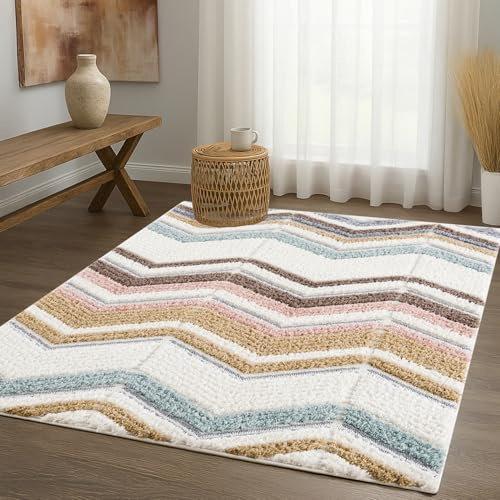 payé Teppich Wohnzimmer Hochflor - 120x170cm - Pastellfarben - Geometrisch Zick Zack - Muster - Boho - Skandinavisch Flauschig Weich - Schlafzimmer
