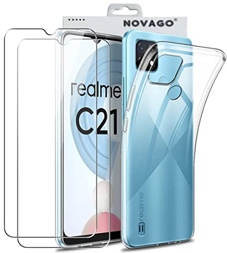 NOVAGO Compatible con Realme C25 Y/Realme C21 Y - Pack completo- Carcasa resistente transparente + 2 protectores de pantalla de cristal templado (transparente)