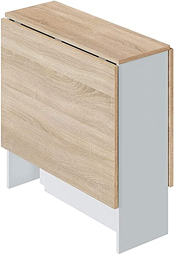 JUANIO Mesa de Cocina Plegable con Acabado en Color Blanco Artik y Roble Canadian - Dim: 77 cm (Largo) x 31-140 cm (Ancho) x 79 cm (Alto)