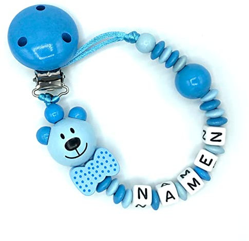 Nuckelkette mit Namen 3D-BÄR mit SCHLEIFE Skyblau Babyblau/Unisex/Personalisiert